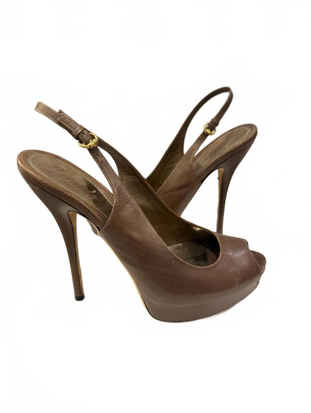 Gucci Brown Leather Peep-Toe Platform Slingback Pumps Gold Insole‎ Sz 37/7 US